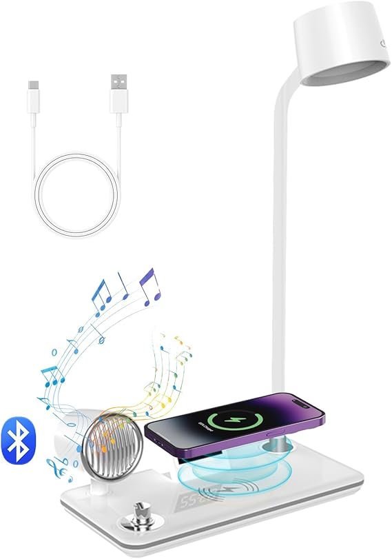 Multifunctional Desk Lamp with Clock, Wireless Charger & Adjustable Gooseneck