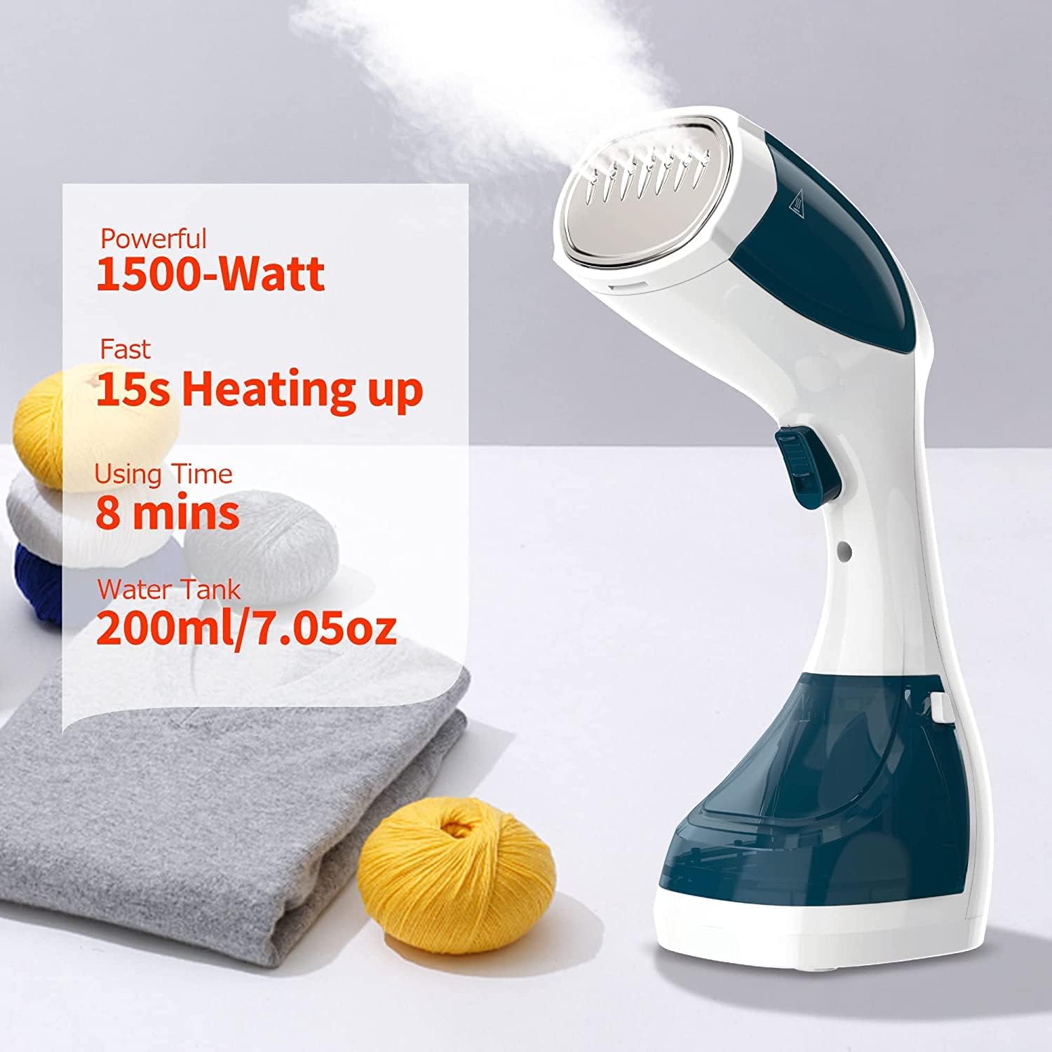 Portable Handheld Garment Steamer – 200ML Water Tank, 5.6ft Cord, Stainless Steel Plate