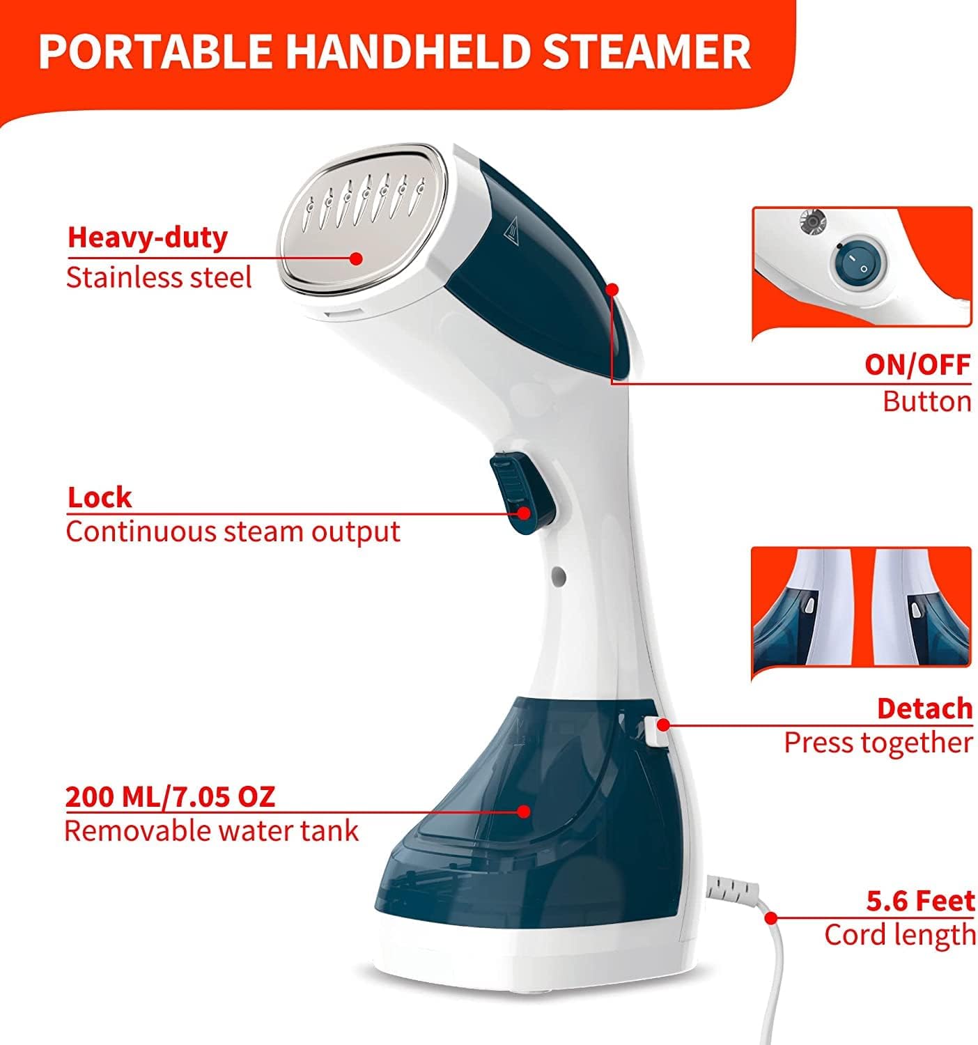Portable Handheld Garment Steamer – 200ML Water Tank, 5.6ft Cord, Stainless Steel Plate