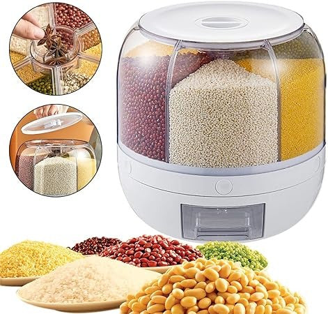 Rotating Cereal & Grain Dispenser – 6-Grid Dry Food Storage Box with One-Button Output Design