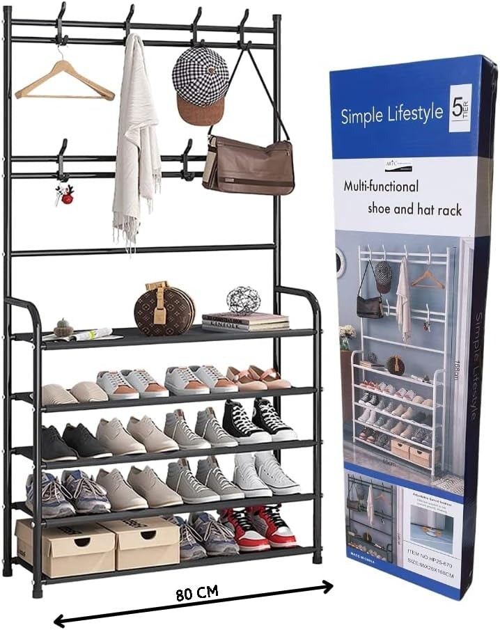 • Modern Design: Sleek and elegant 5-tier shoe and hat rack with hanging hooks for a clean and organized