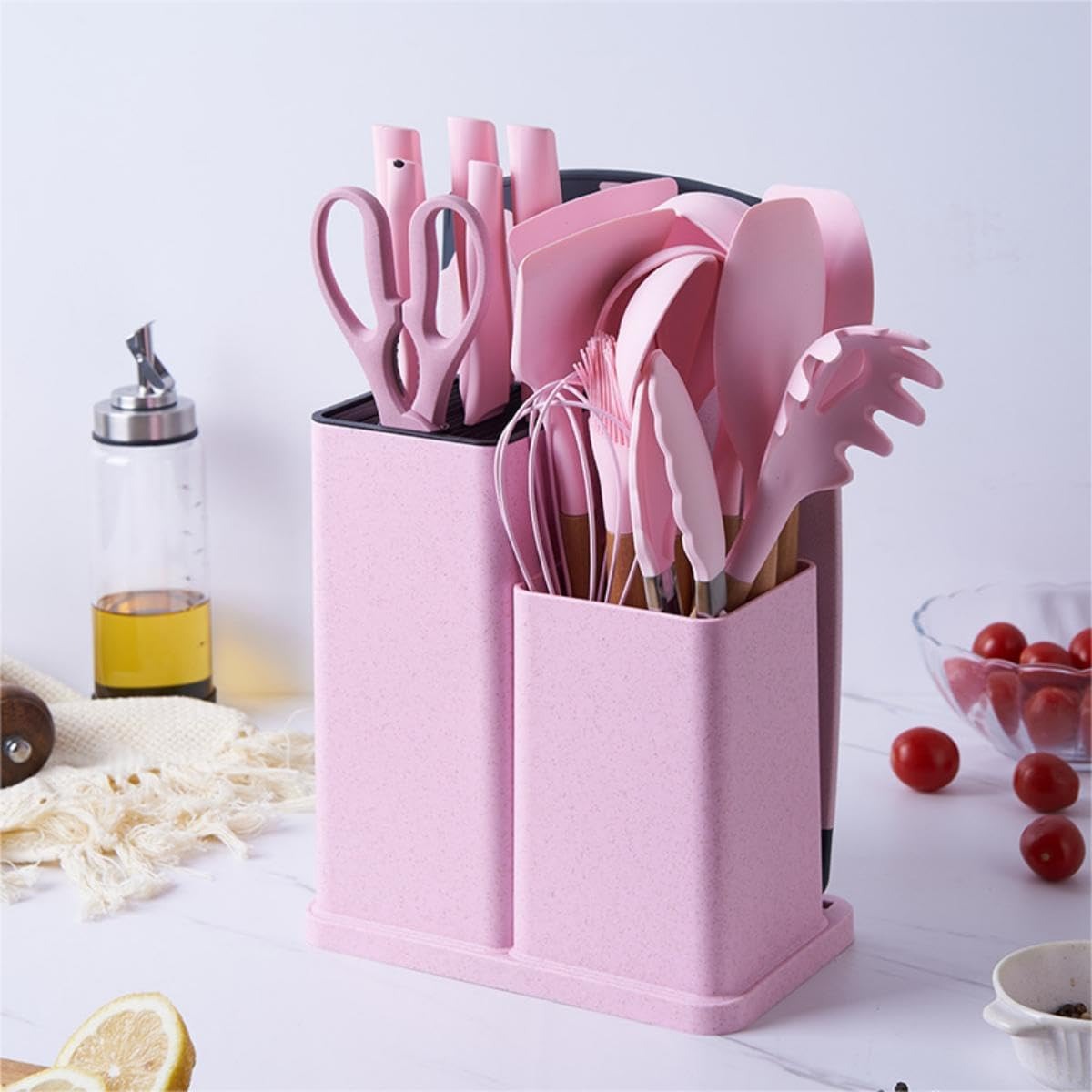 Pink Kitchen Utensil and Knife Set – 21-Piece Non-Stick Silicone Cooking Tools with Holder & Accessories