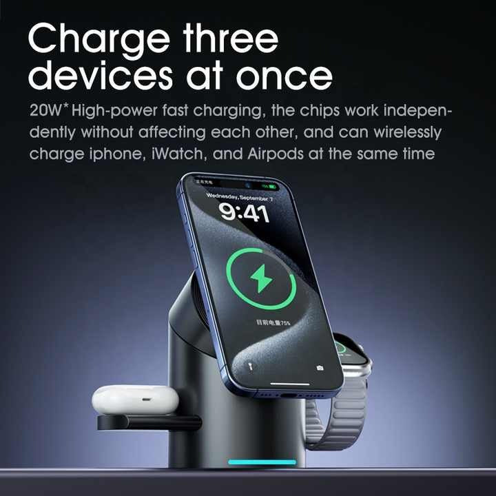 3-in-1 Magnetic Wireless Charging Station for iPhone, AirPods & Apple Watch