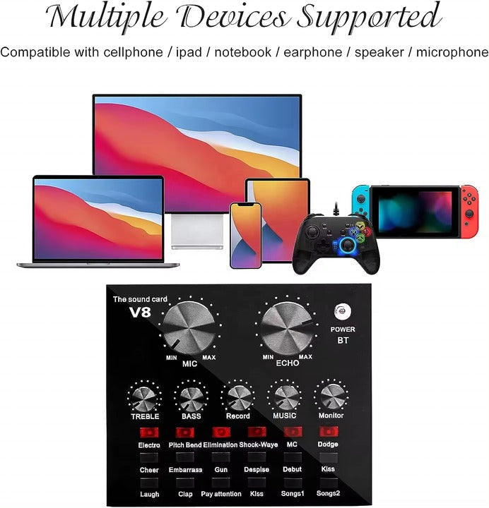 V8 Sound Card Audio Mixer – Multi-Device Compatible for Streaming & Recording