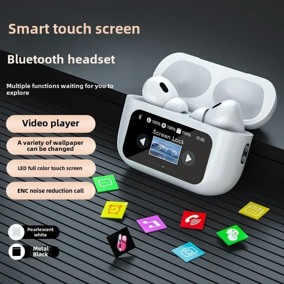 Smart Touchscreen Bluetooth Earbuds with LED Display & Video Player Case